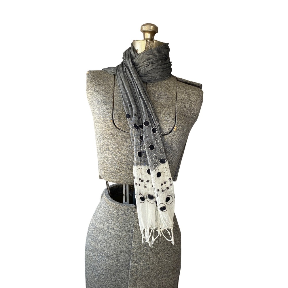 Grey White Eyelet Embroidered Fringe Oblong Scarf Lightweight Boho Wrap - Picture 8 of 11